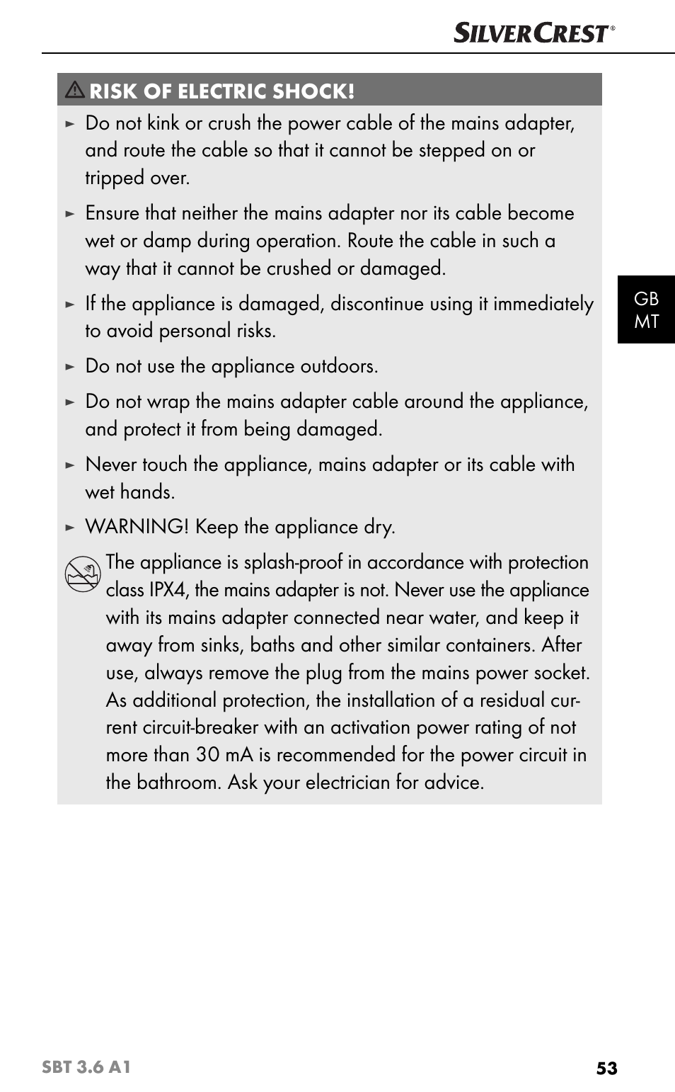 Risk of electric shock, Do not use the appliance outdoors | Silvercrest SBT 3.6 A1 User Manual | Page 56 / 83