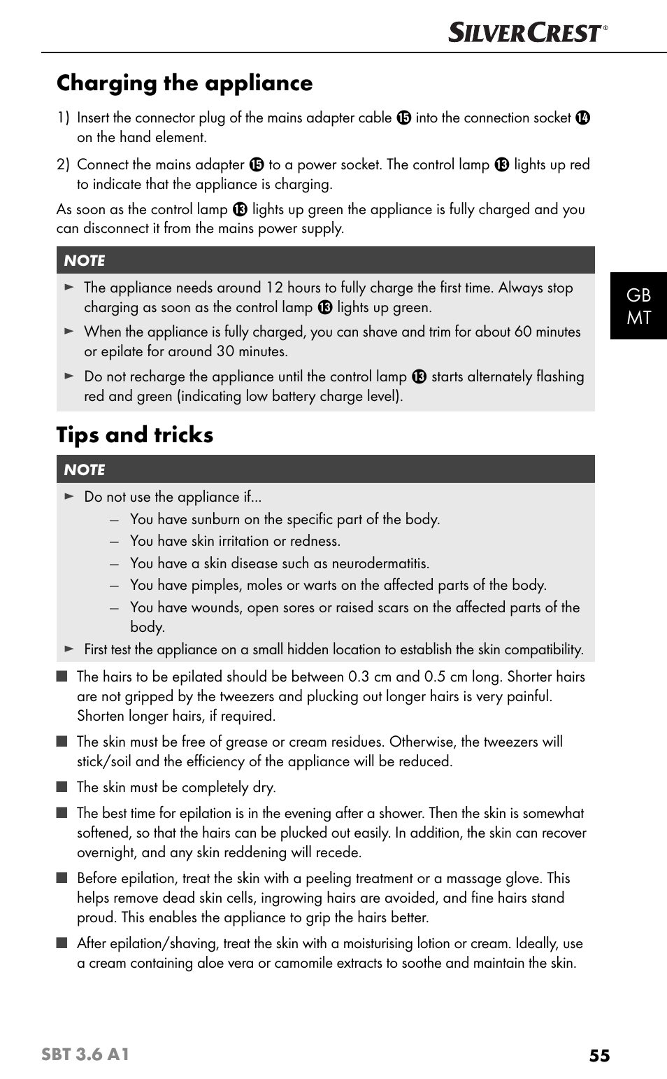 Charging the appliance, Tips and tricks, Gb mt | Silvercrest SBT 3.6 A1 User Manual | Page 58 / 83