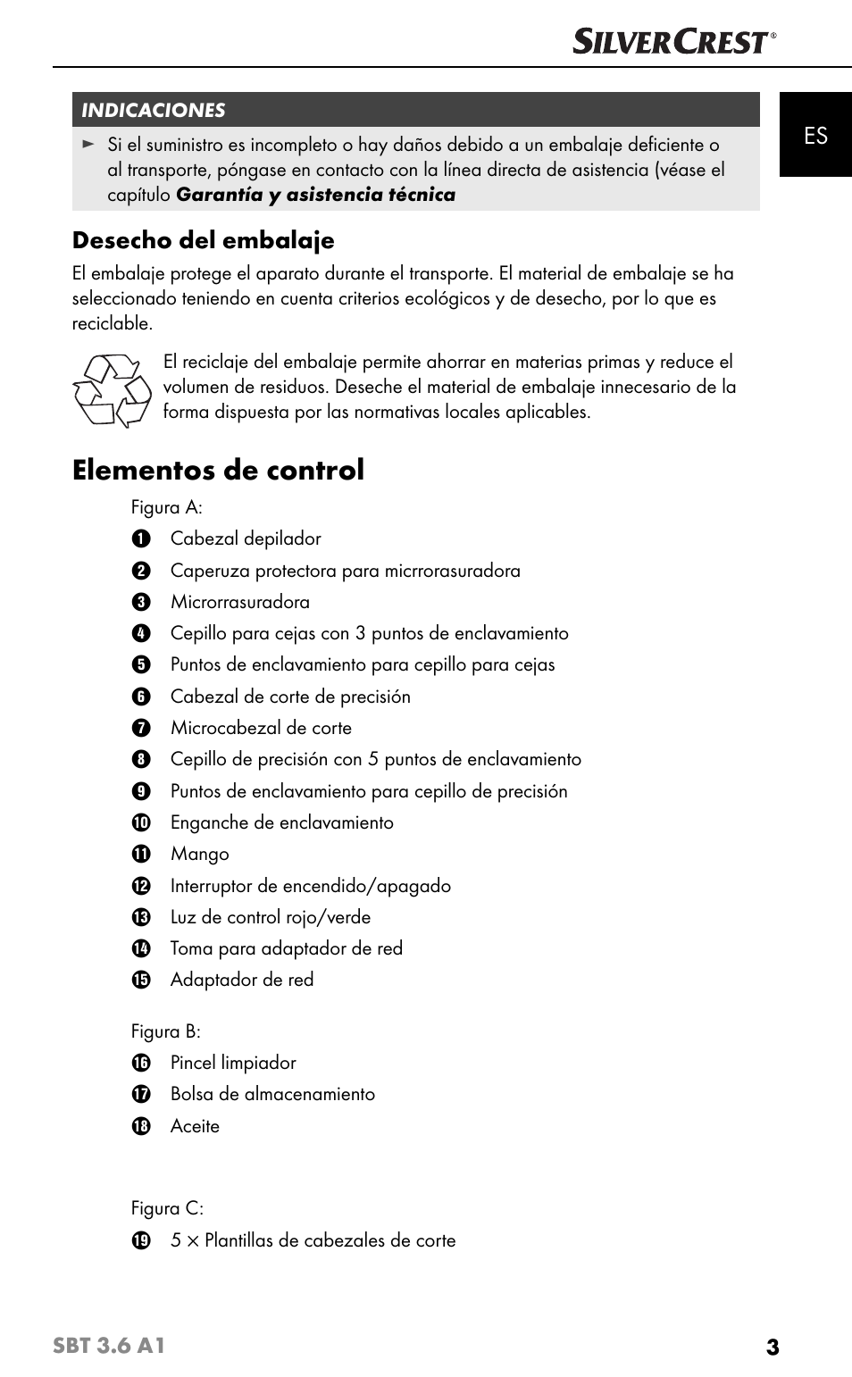 Elementos de control, Desecho del embalaje | Silvercrest SBT 3.6 A1 User Manual | Page 6 / 83