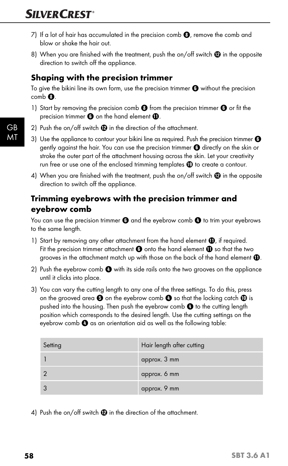 Gb mt, Shaping with the precision trimmer | Silvercrest SBT 3.6 A1 User Manual | Page 61 / 83