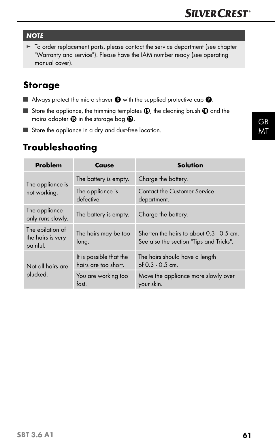 Storage, Troubleshooting, Gb mt | Silvercrest SBT 3.6 A1 User Manual | Page 64 / 83