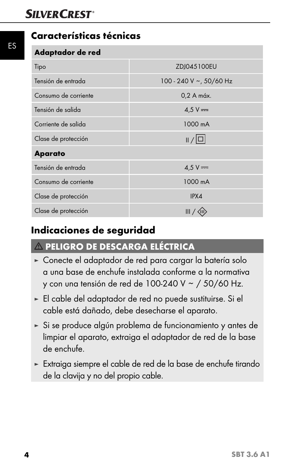 Características técnicas, Indicaciones de seguridad, Peligro de descarga eléctrica | Silvercrest SBT 3.6 A1 User Manual | Page 7 / 83