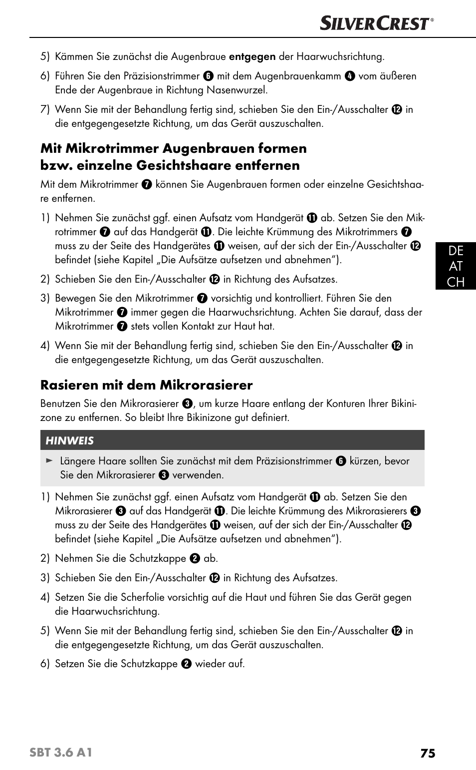 De at ch, Rasieren mit dem mikrorasierer | Silvercrest SBT 3.6 A1 User Manual | Page 78 / 83