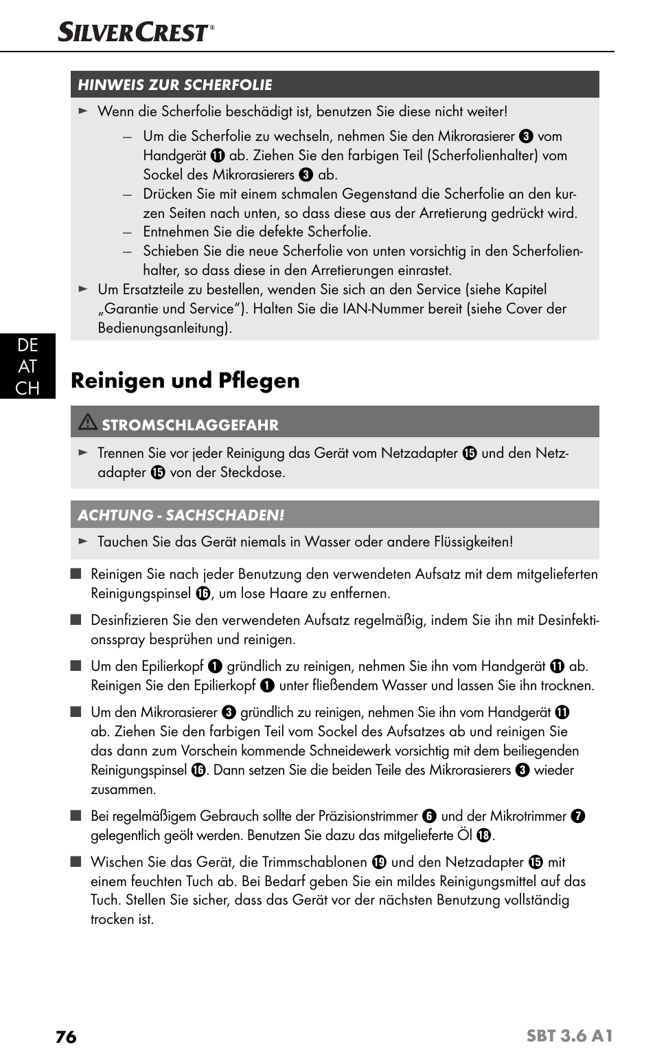 Reinigen und pﬂ egen, De at ch | Silvercrest SBT 3.6 A1 User Manual | Page 79 / 83