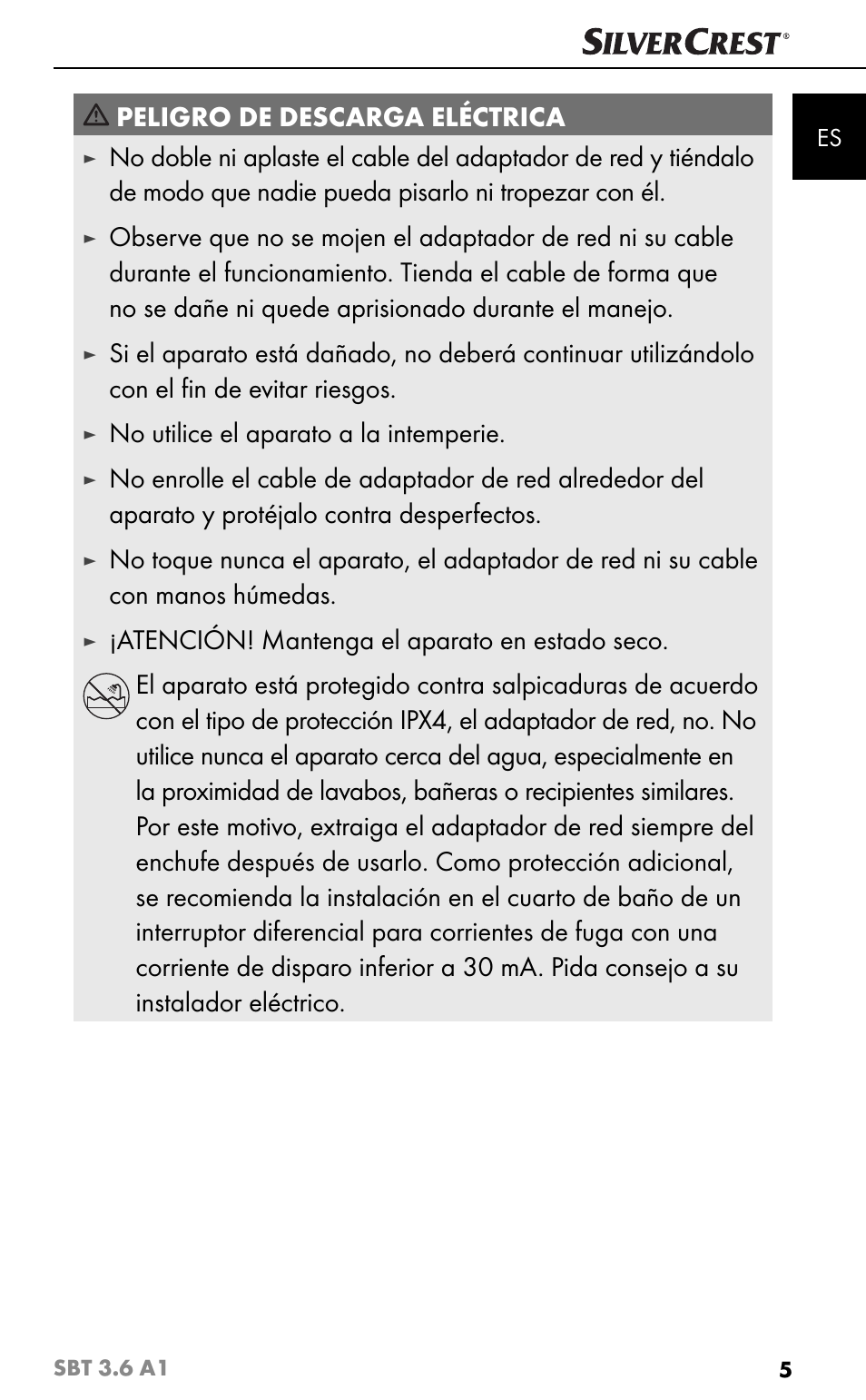 Peligro de descarga eléctrica, No utilice el aparato a la intemperie | Silvercrest SBT 3.6 A1 User Manual | Page 8 / 83