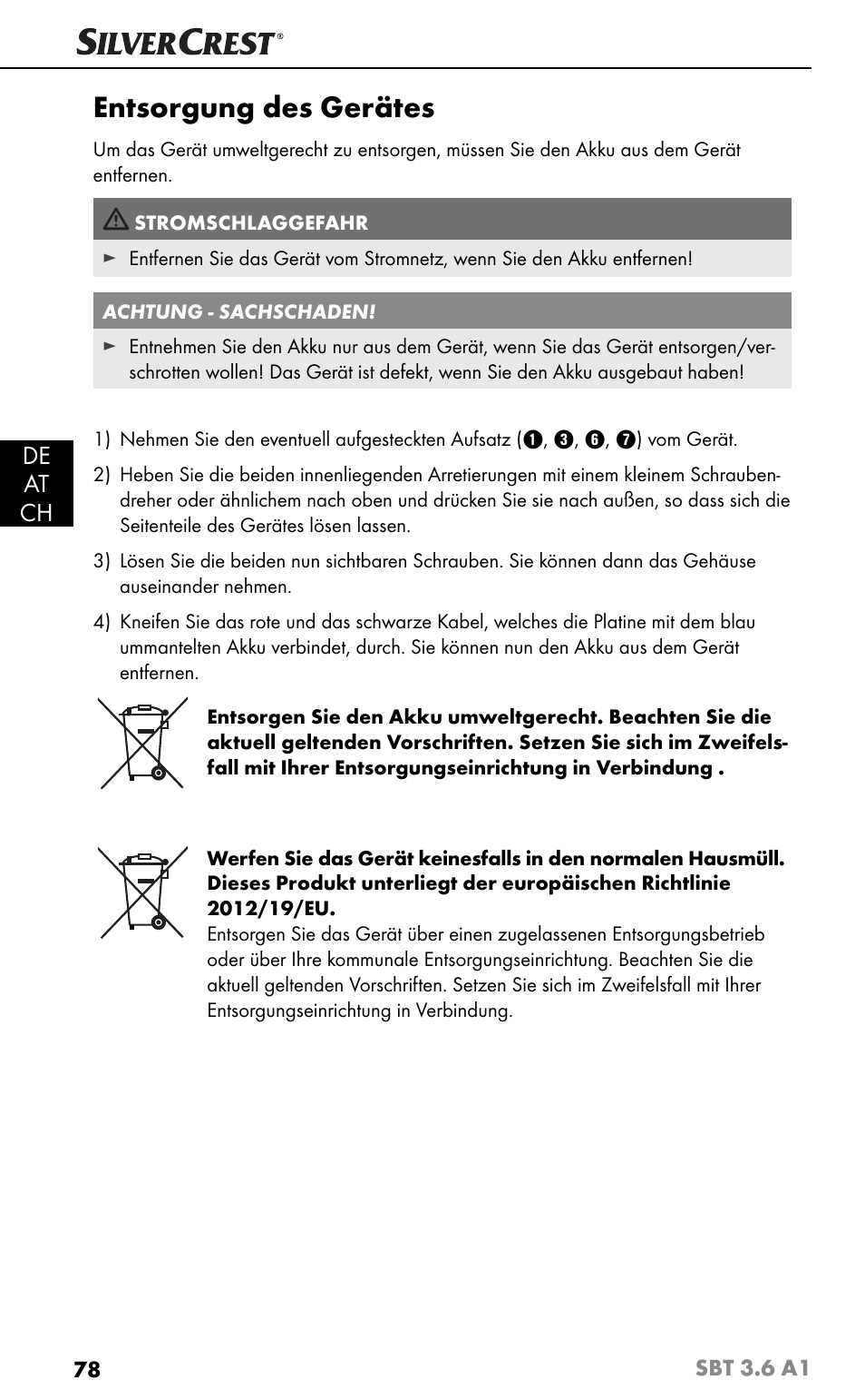 Entsorgung des gerätes, De at ch | Silvercrest SBT 3.6 A1 User Manual | Page 81 / 83