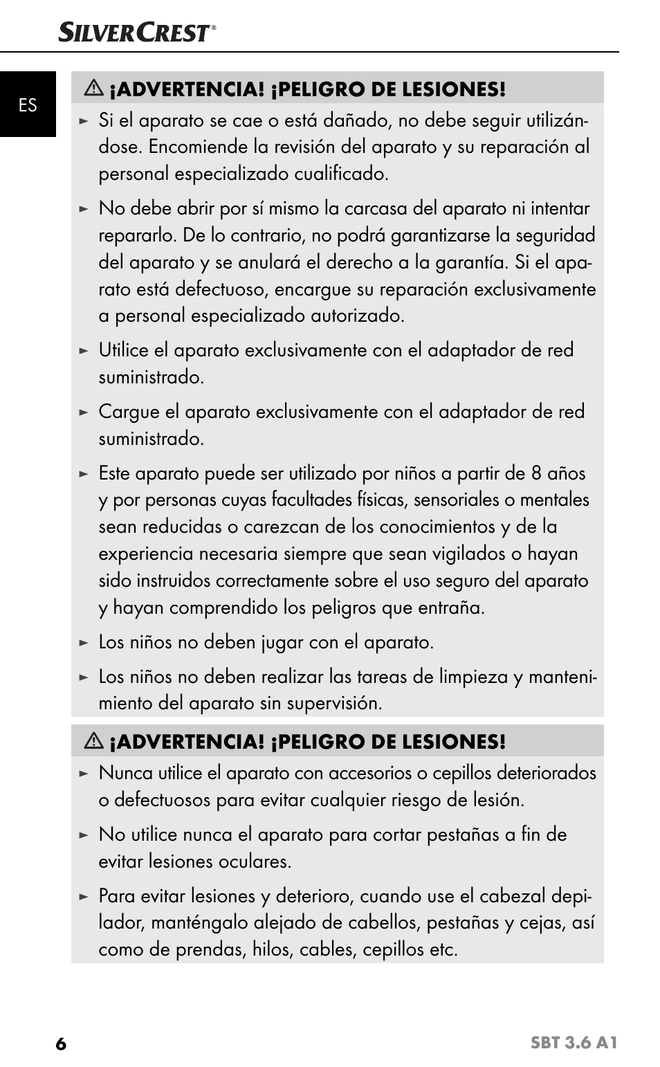 Advertencia! ¡peligro de lesiones, Los niños no deben jugar con el aparato | Silvercrest SBT 3.6 A1 User Manual | Page 9 / 83