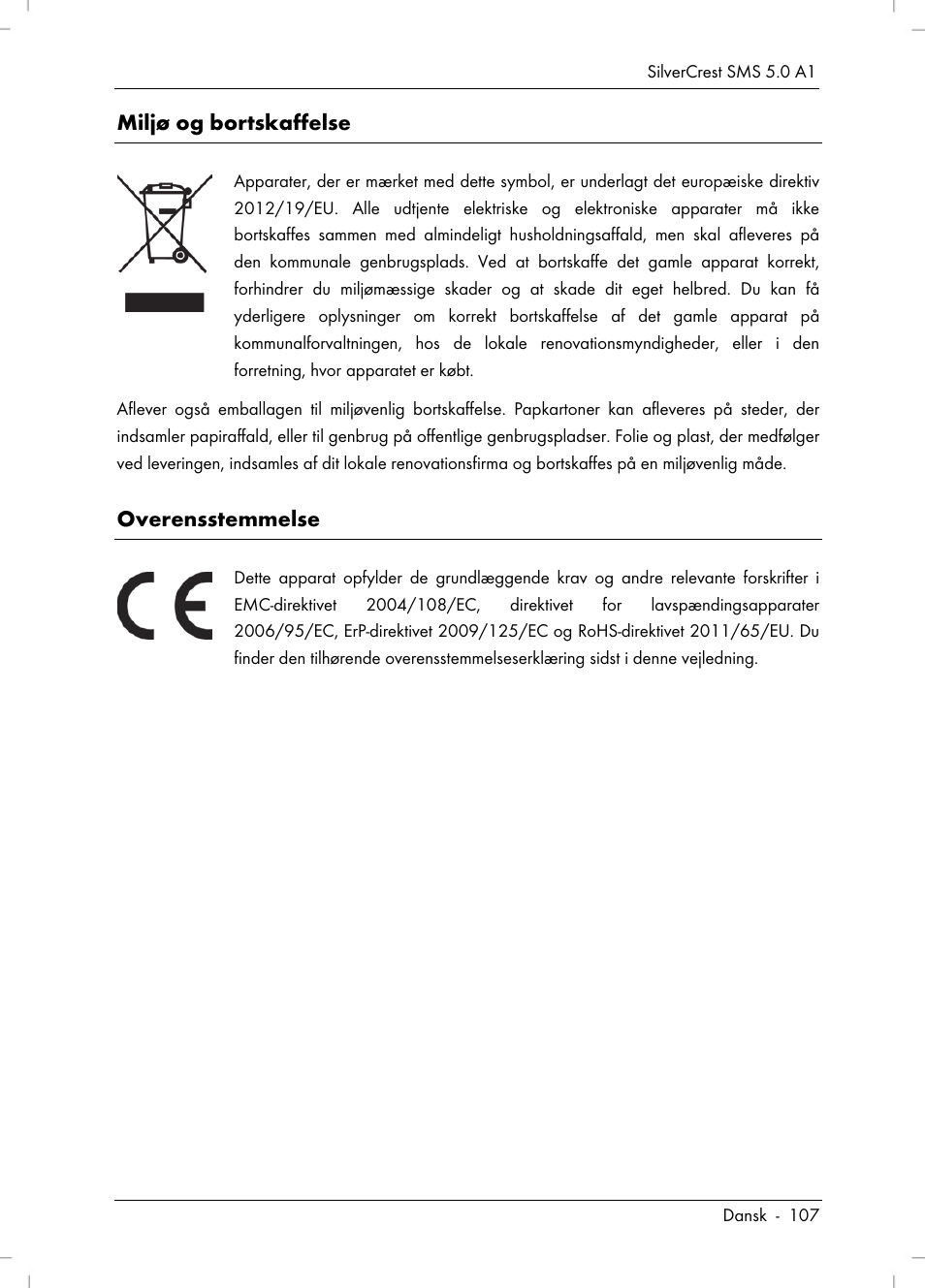 Miljø og bortskaffelse, Overensstemmelse | Silvercrest SMS 5.0 A1 User Manual | Page 109 / 194