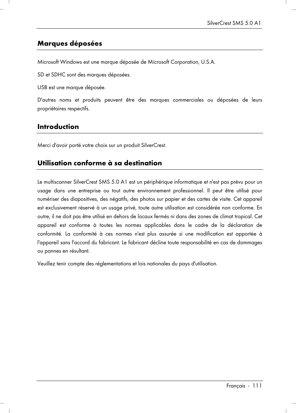 Marques déposées, Introduction, Utilisation conforme à sa destination | Silvercrest SMS 5.0 A1 User Manual | Page 113 / 194