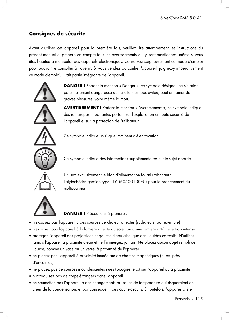 Consignes de sécurité | Silvercrest SMS 5.0 A1 User Manual | Page 117 / 194