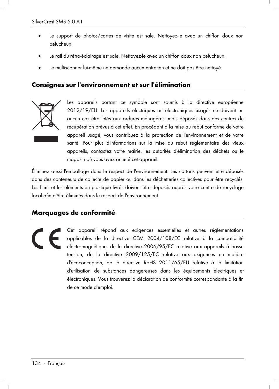 Consignes sur l'environnement et sur l'élimination, Marquages de conformité | Silvercrest SMS 5.0 A1 User Manual | Page 136 / 194