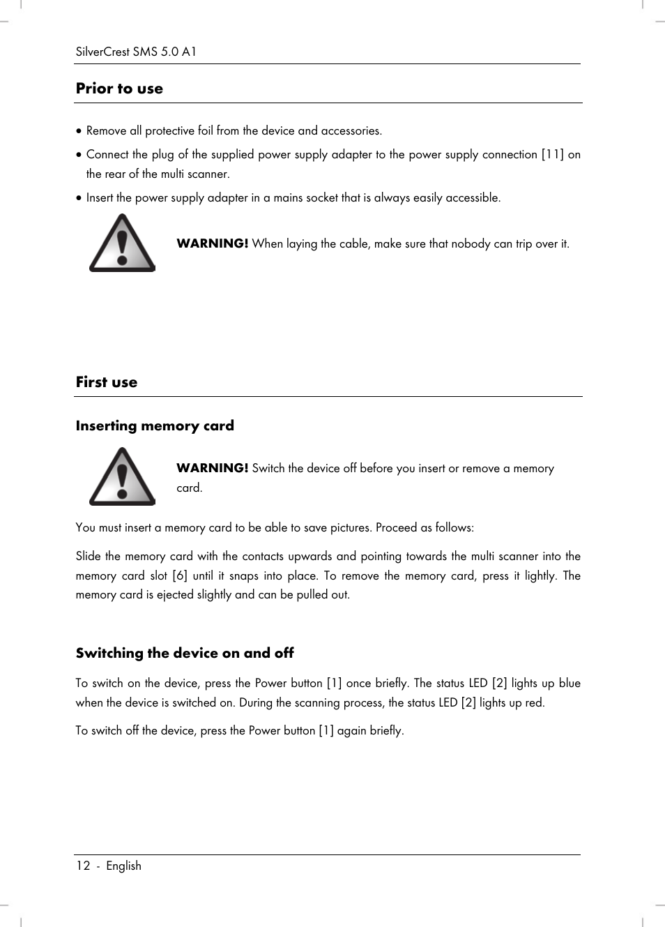 Prior to use, First use | Silvercrest SMS 5.0 A1 User Manual | Page 14 / 194