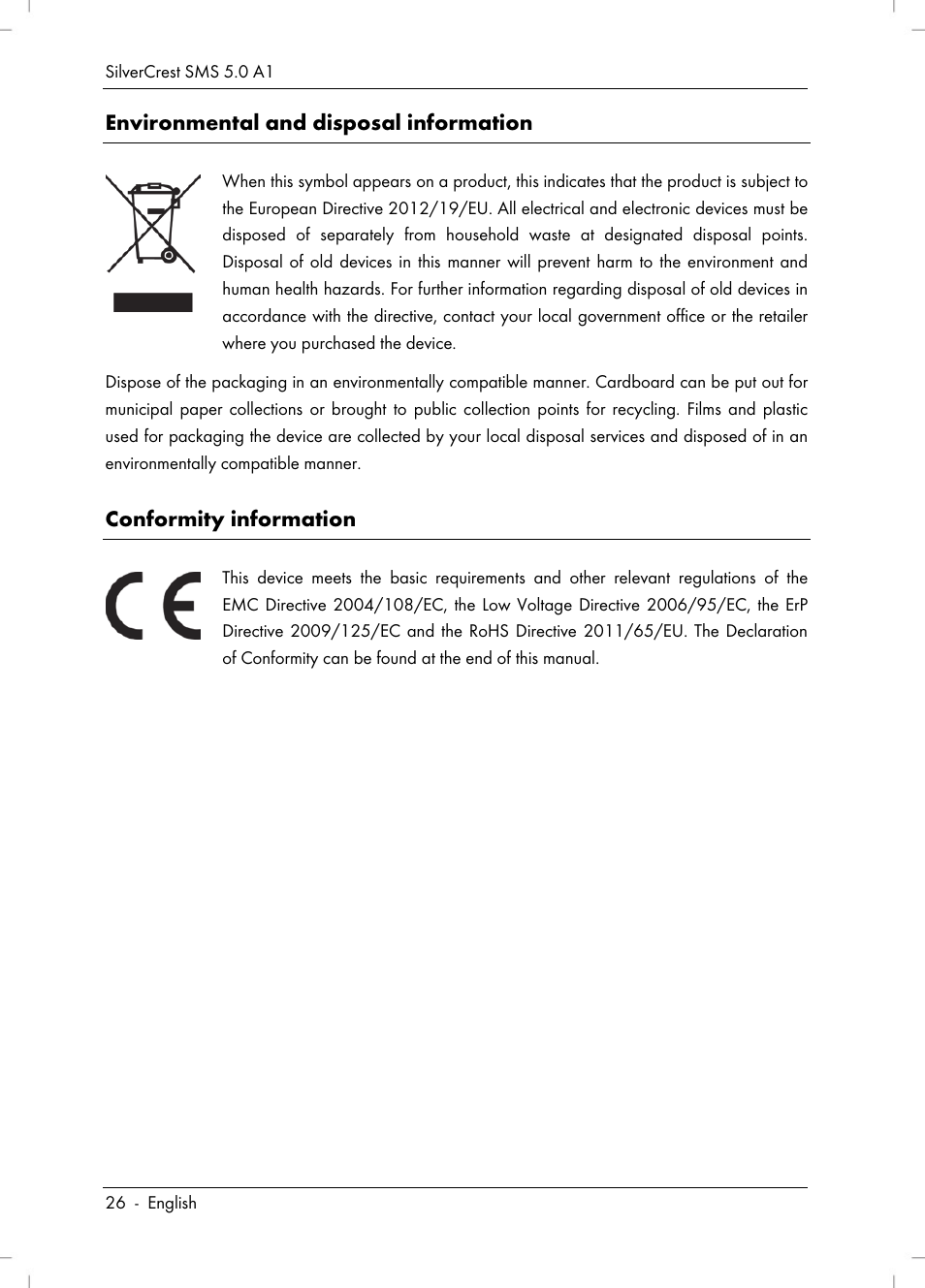 Environmental and disposal information, Conformity information | Silvercrest SMS 5.0 A1 User Manual | Page 28 / 194