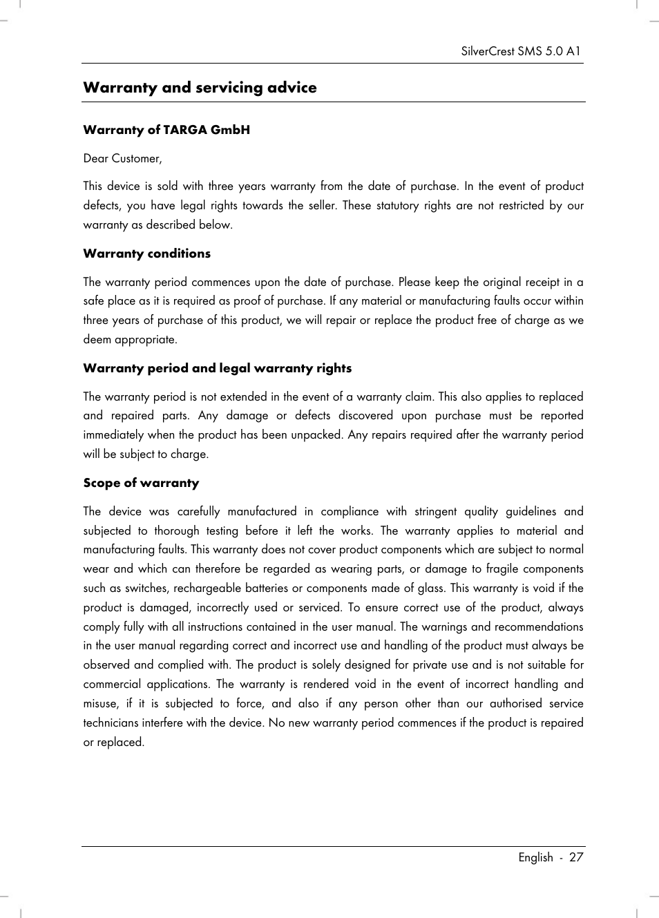 Warranty and servicing advice | Silvercrest SMS 5.0 A1 User Manual | Page 29 / 194