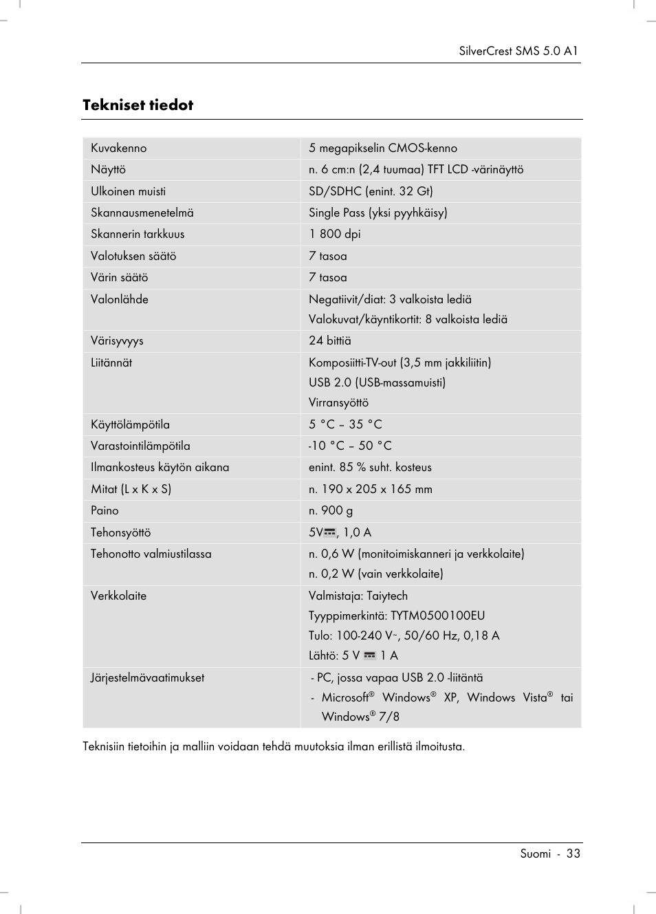 Tekniset tiedot | Silvercrest SMS 5.0 A1 User Manual | Page 35 / 194