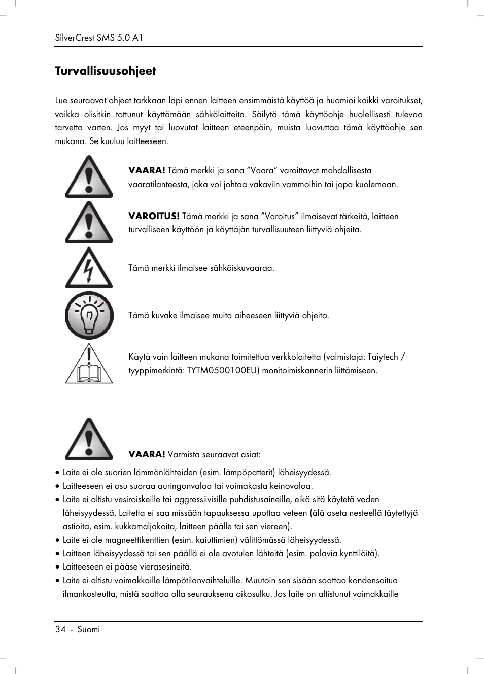 Turvallisuusohjeet | Silvercrest SMS 5.0 A1 User Manual | Page 36 / 194