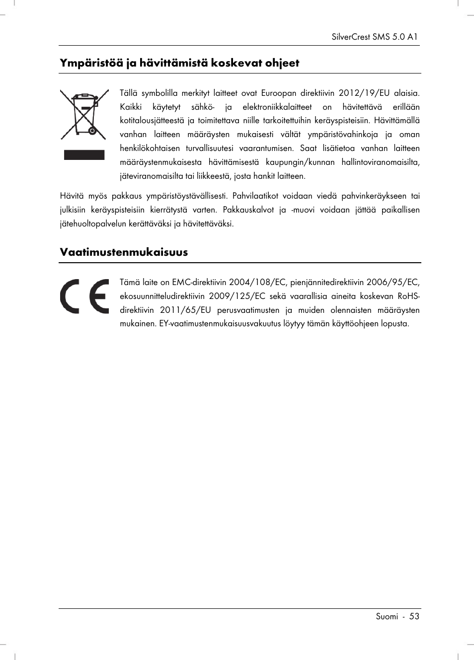 Ympäristöä ja hävittämistä koskevat ohjeet, Vaatimustenmukaisuus | Silvercrest SMS 5.0 A1 User Manual | Page 55 / 194