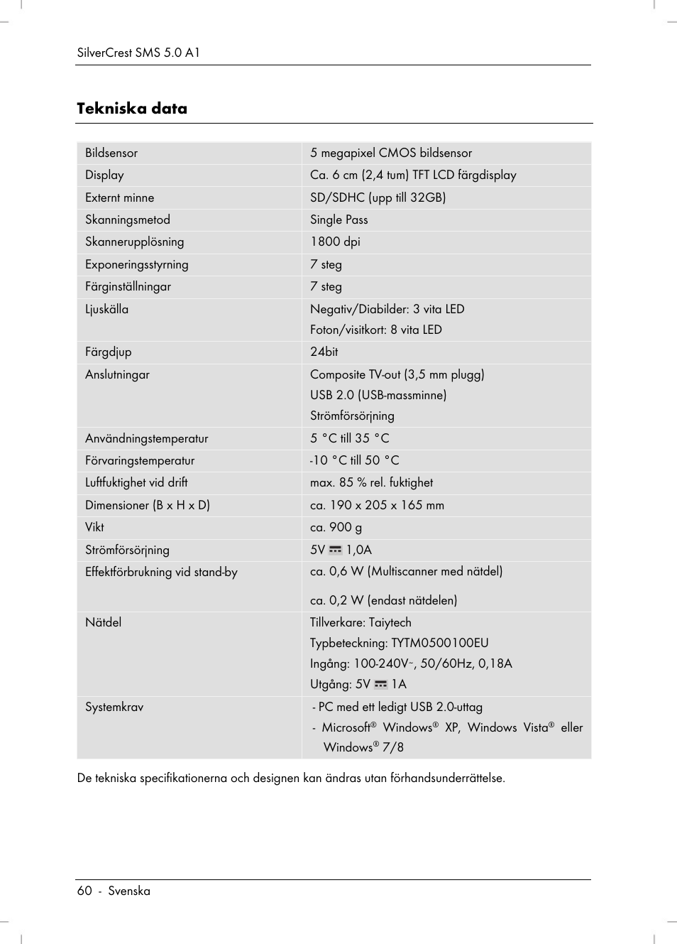 Tekniska data | Silvercrest SMS 5.0 A1 User Manual | Page 62 / 194