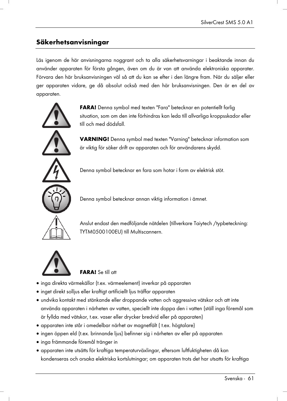 Säkerhetsanvisningar | Silvercrest SMS 5.0 A1 User Manual | Page 63 / 194