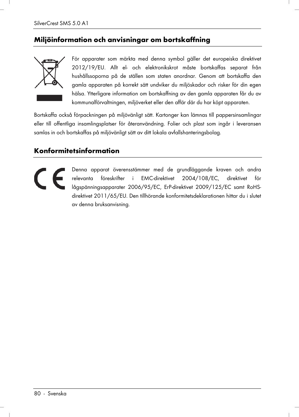 Miljöinformation och anvisningar om bortskaffning, Konformitetsinformation | Silvercrest SMS 5.0 A1 User Manual | Page 82 / 194