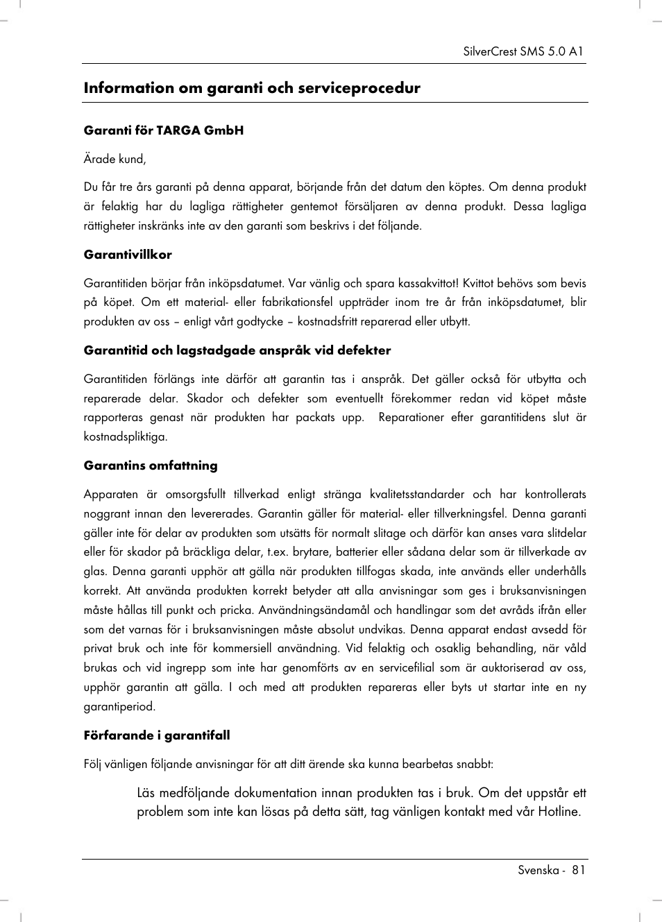 Information om garanti och serviceprocedur | Silvercrest SMS 5.0 A1 User Manual | Page 83 / 194