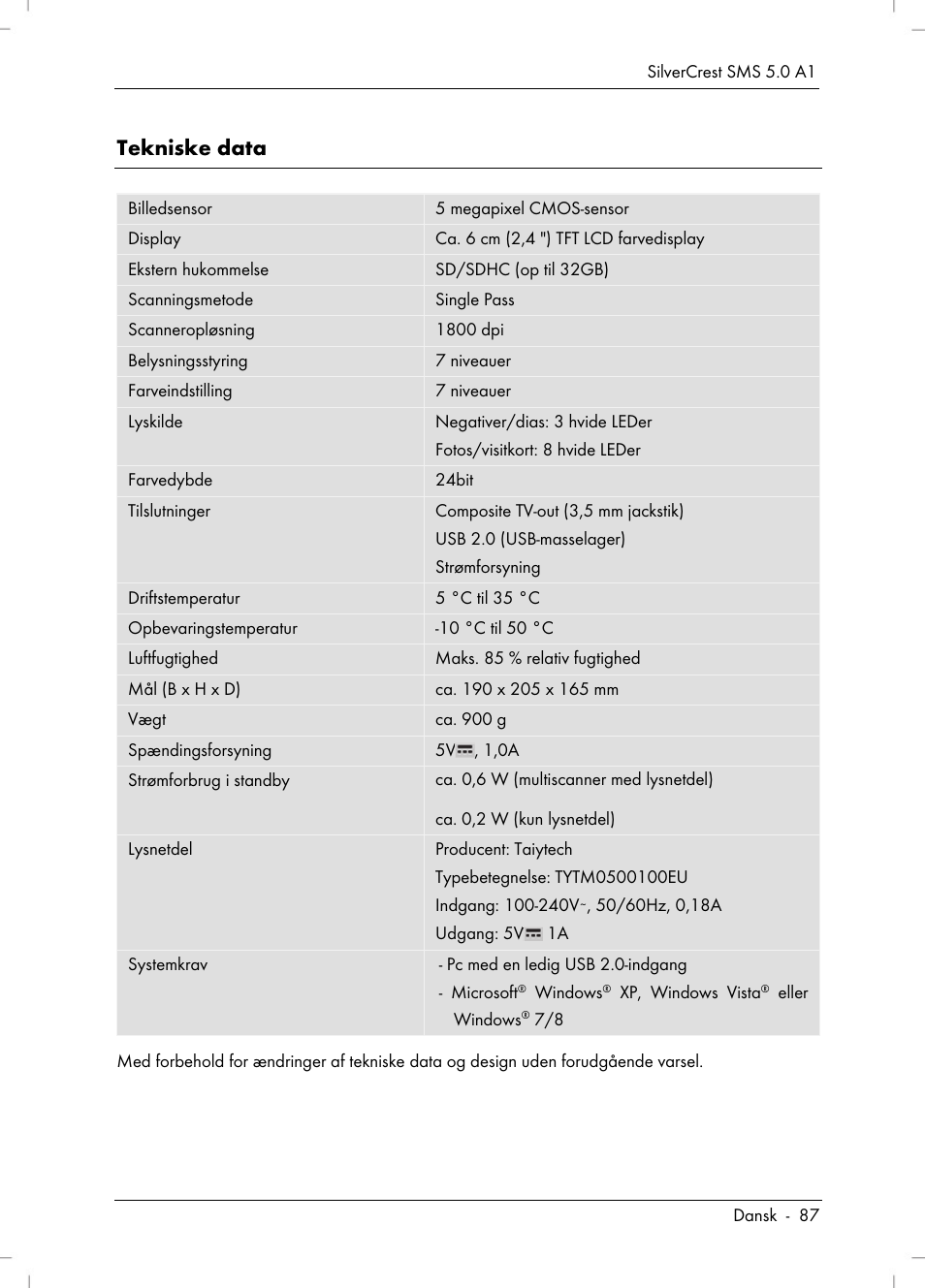 Tekniske data | Silvercrest SMS 5.0 A1 User Manual | Page 89 / 194