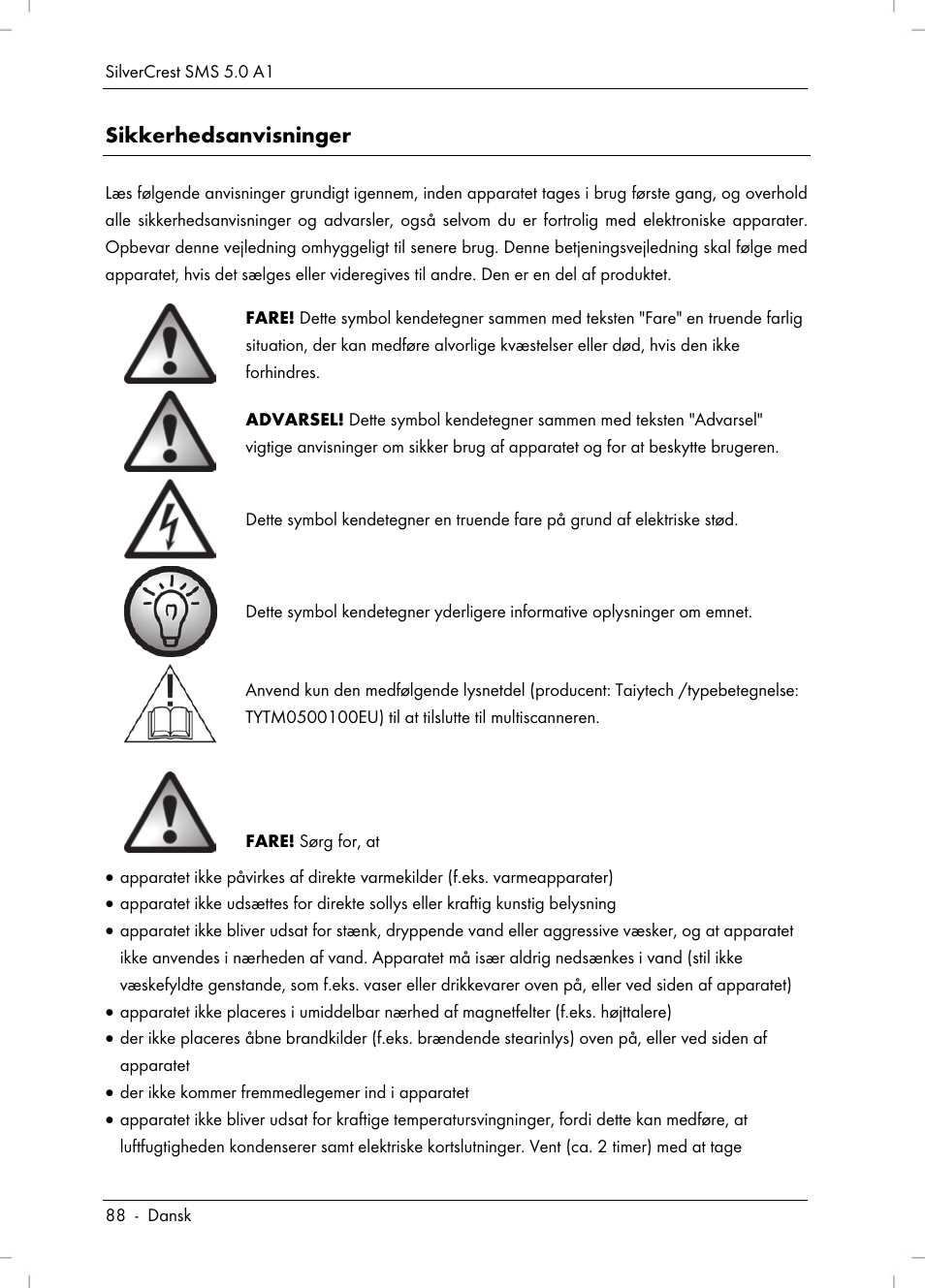 Sikkerhedsanvisninger | Silvercrest SMS 5.0 A1 User Manual | Page 90 / 194