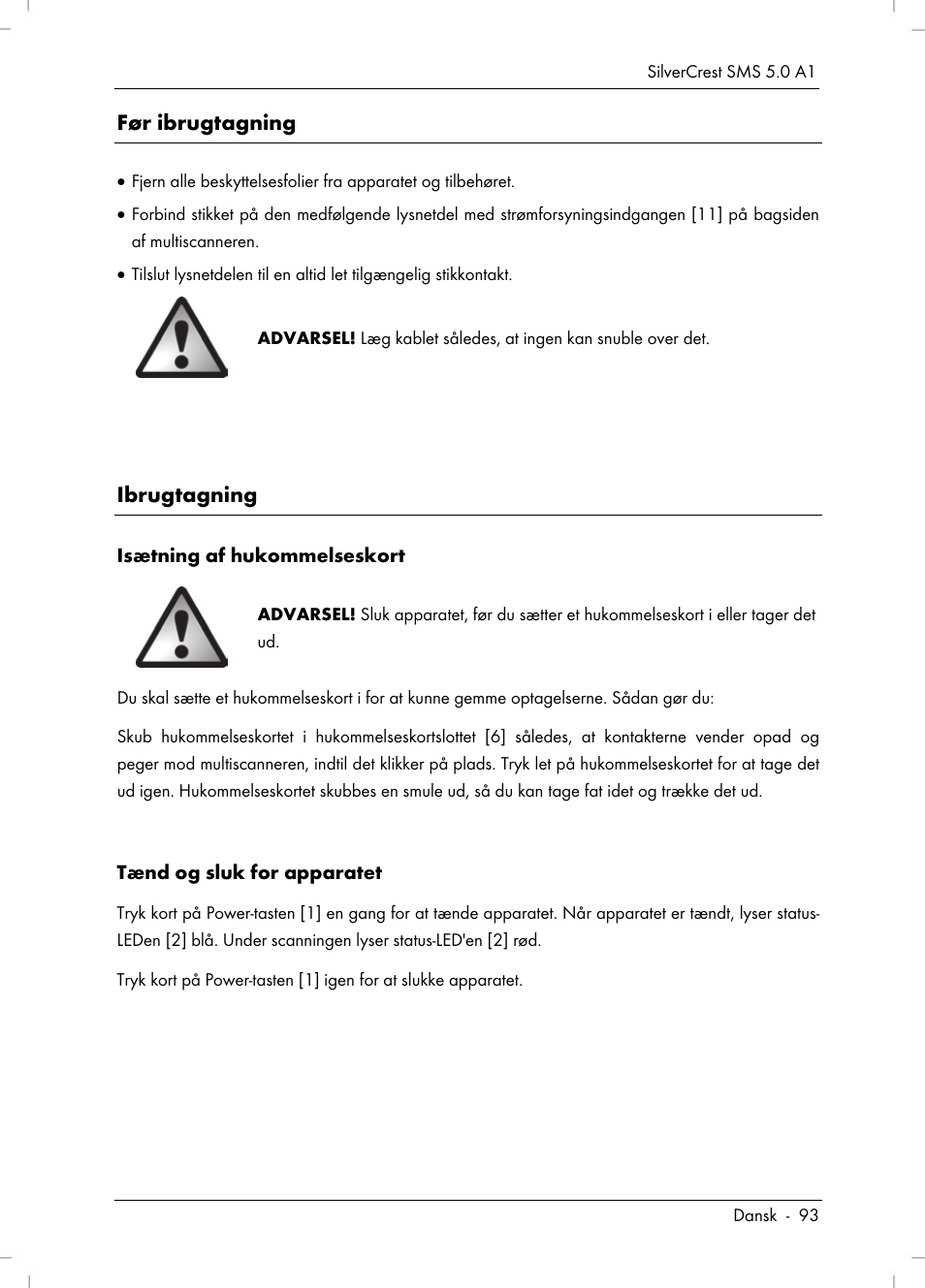 Før ibrugtagning, Ibrugtagning | Silvercrest SMS 5.0 A1 User Manual | Page 95 / 194