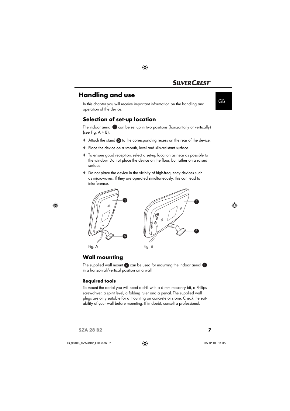Handling and use, Selection of set-up location, Wall mounting | Silvercrest SZA 28 B2 User Manual | Page 10 / 88