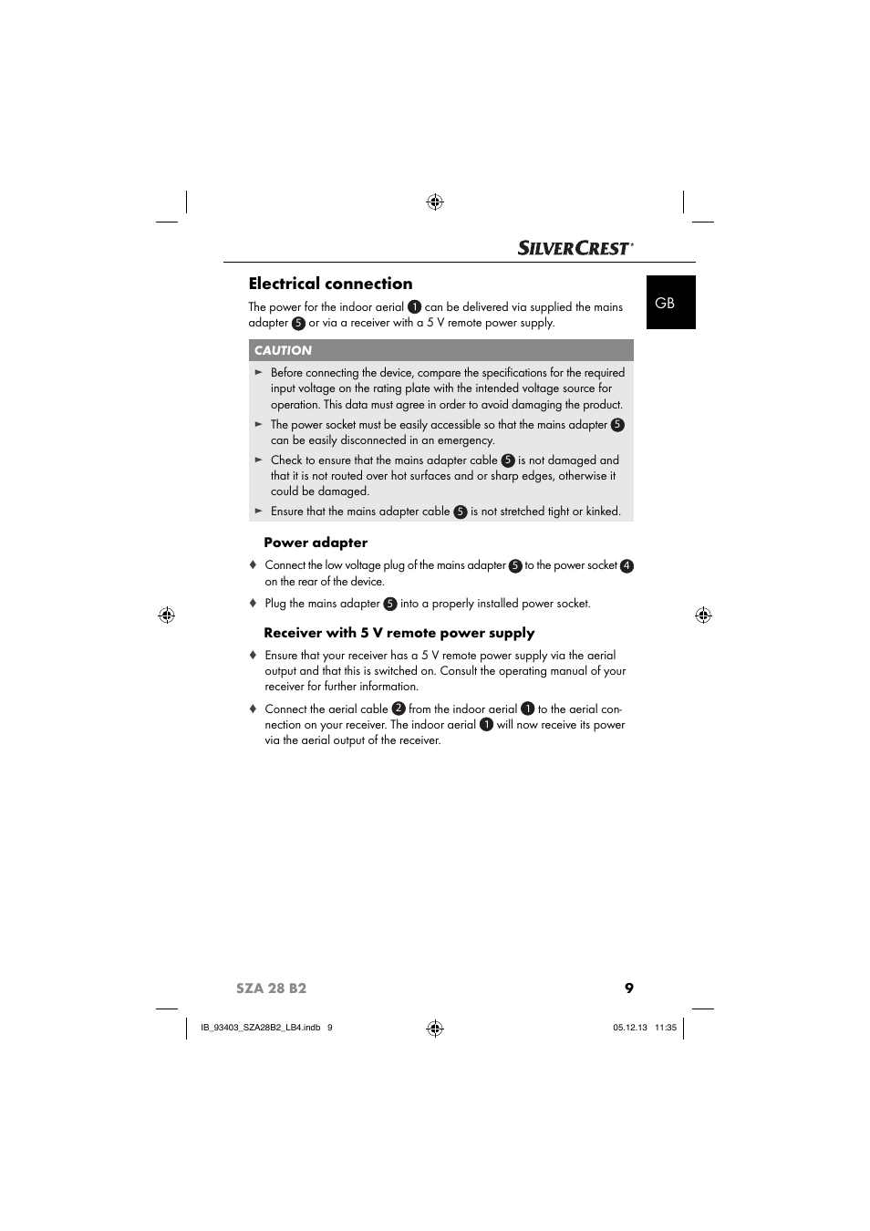 Electrical connection, 9sza 28 b2, Power adapter | Receiver with 5 v remote power supply | Silvercrest SZA 28 B2 User Manual | Page 12 / 88