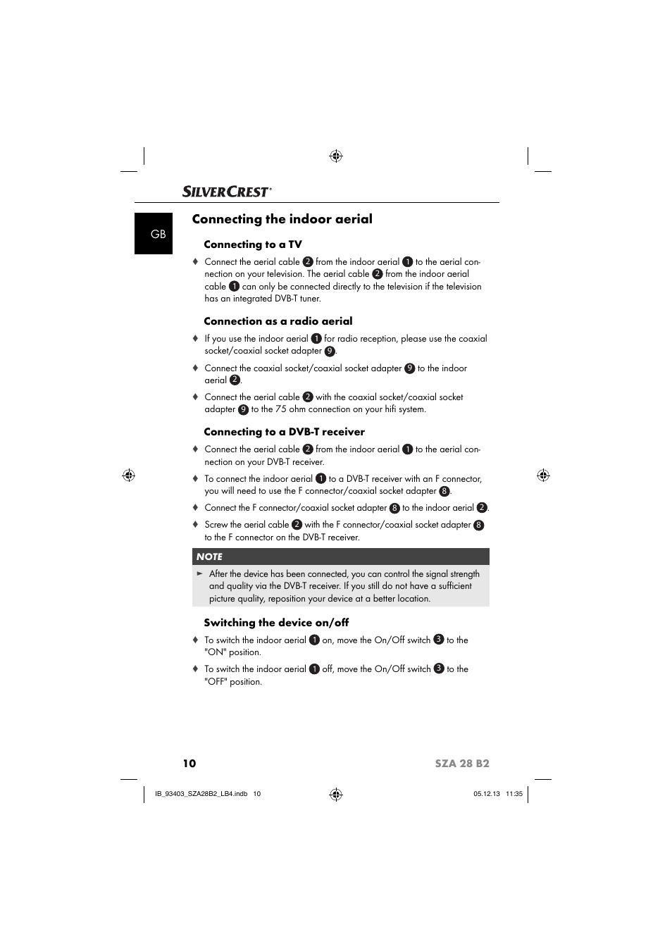 Connecting the indoor aerial, Connecting to a tv, Connection as a radio aerial | Connecting to a dvb-t receiver, Switching the device on/oﬀ | Silvercrest SZA 28 B2 User Manual | Page 13 / 88