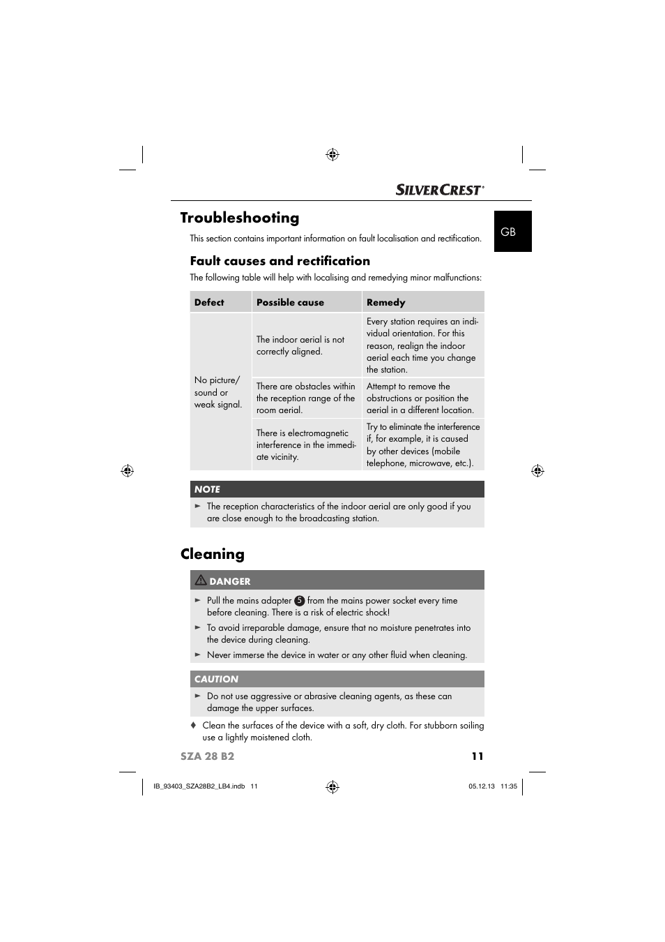Troubleshooting, Cleaning, Fault causes and rectiﬁ cation | Silvercrest SZA 28 B2 User Manual | Page 14 / 88