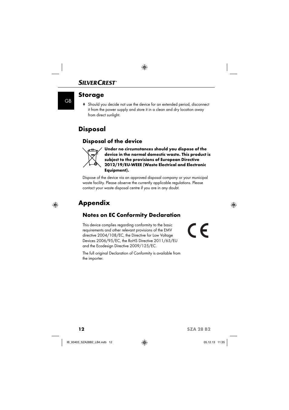 Storage, Disposal, Appendix | Disposal of the device | Silvercrest SZA 28 B2 User Manual | Page 15 / 88