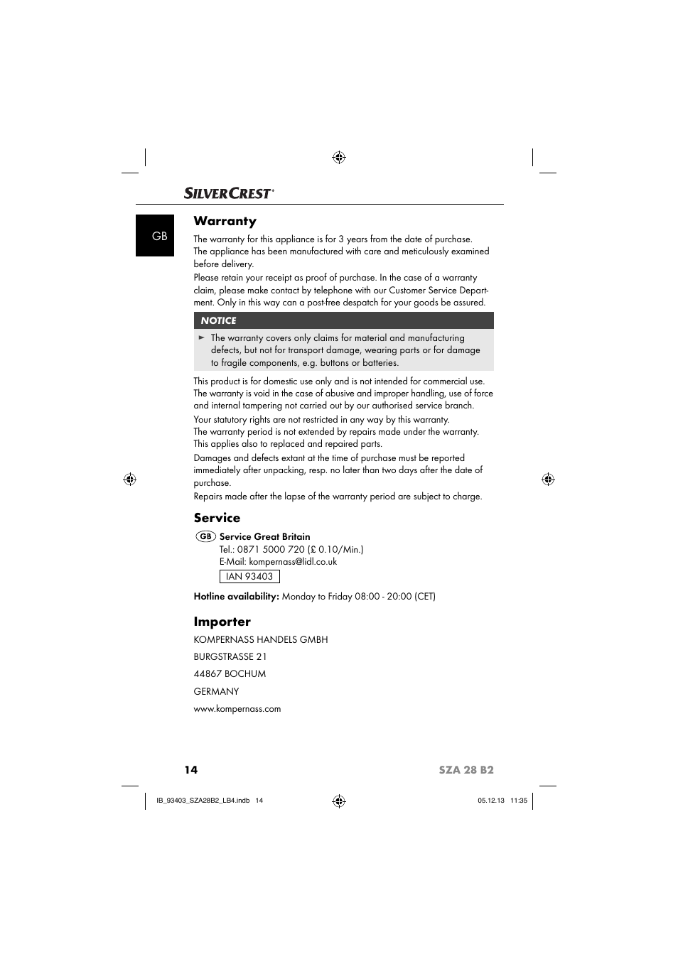 Warranty, Service, Importer | Silvercrest SZA 28 B2 User Manual | Page 17 / 88