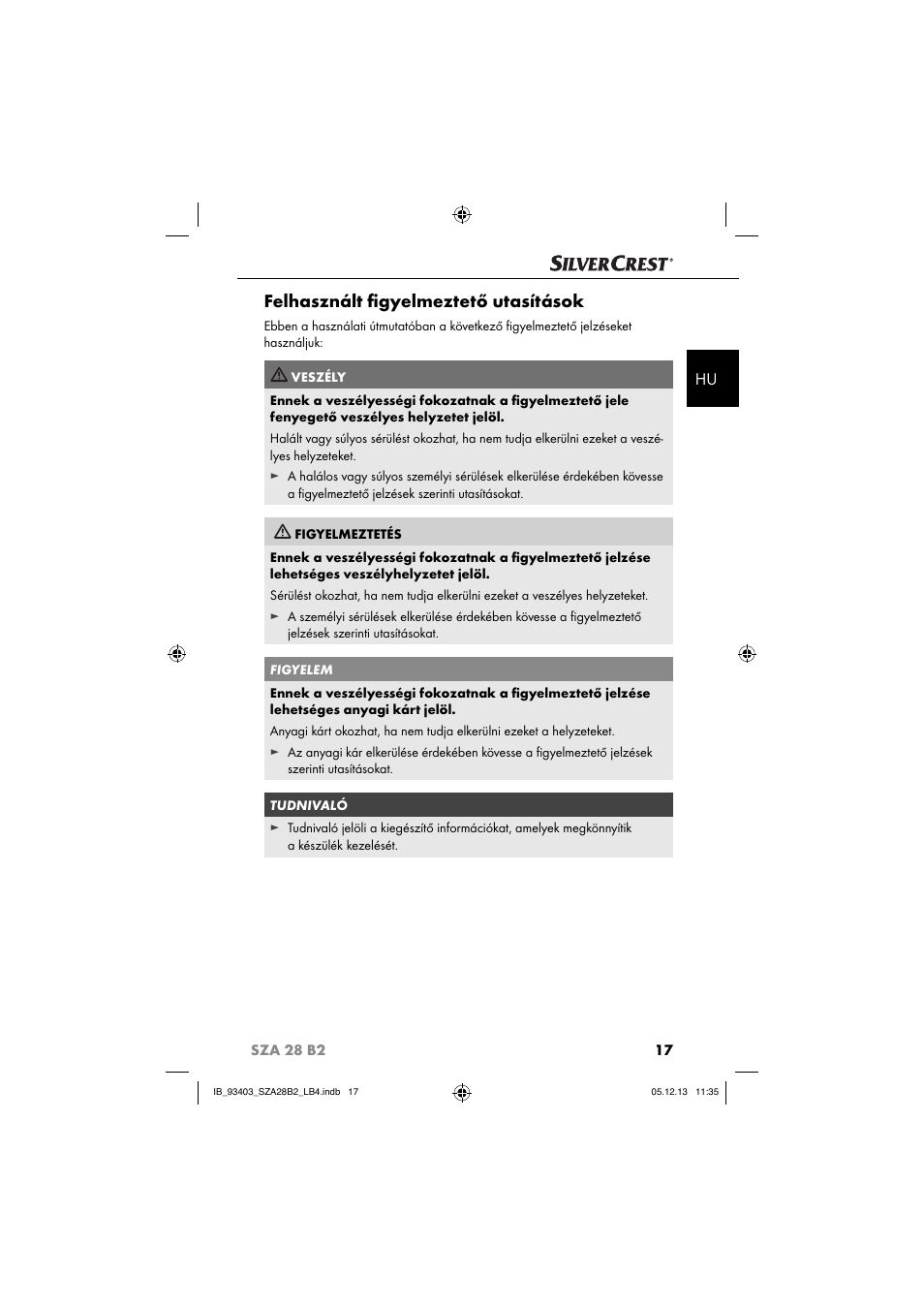 Felhasznált ﬁ gyelmeztető utasítások | Silvercrest SZA 28 B2 User Manual | Page 20 / 88