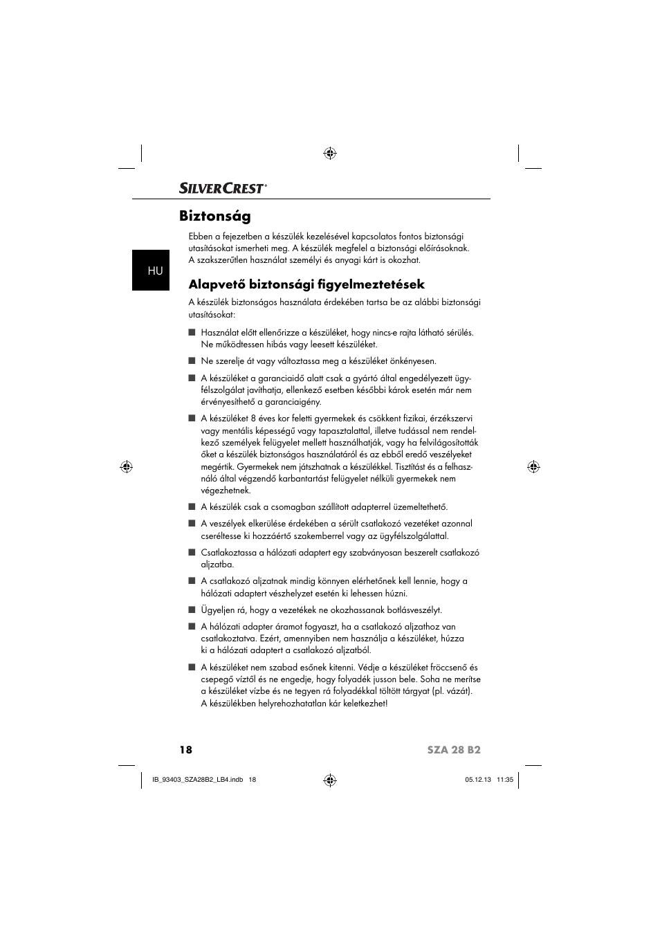 Biztonság, Alapvető biztonsági ﬁ gyelmeztetések | Silvercrest SZA 28 B2 User Manual | Page 21 / 88