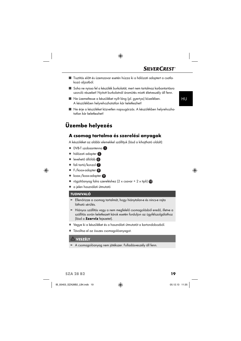 Üzembe helyezés, A csomag tartalma és szerelési anyagok | Silvercrest SZA 28 B2 User Manual | Page 22 / 88