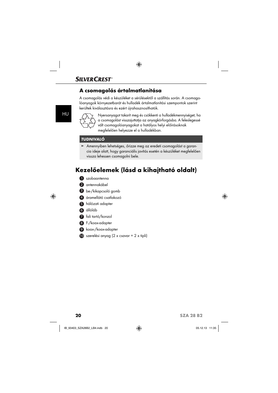 Kezelőelemek (lásd a kihajtható oldalt), A csomagolás ártalmatlanítása | Silvercrest SZA 28 B2 User Manual | Page 23 / 88