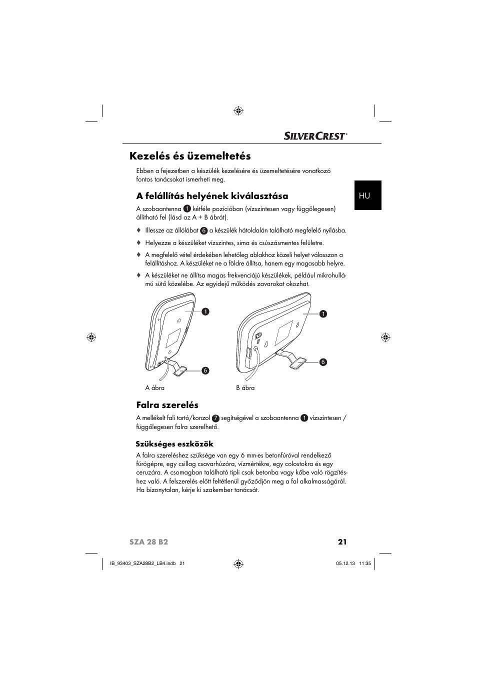 Kezelés és üzemeltetés, A felállítás helyének kiválasztása, Falra szerelés | Silvercrest SZA 28 B2 User Manual | Page 24 / 88