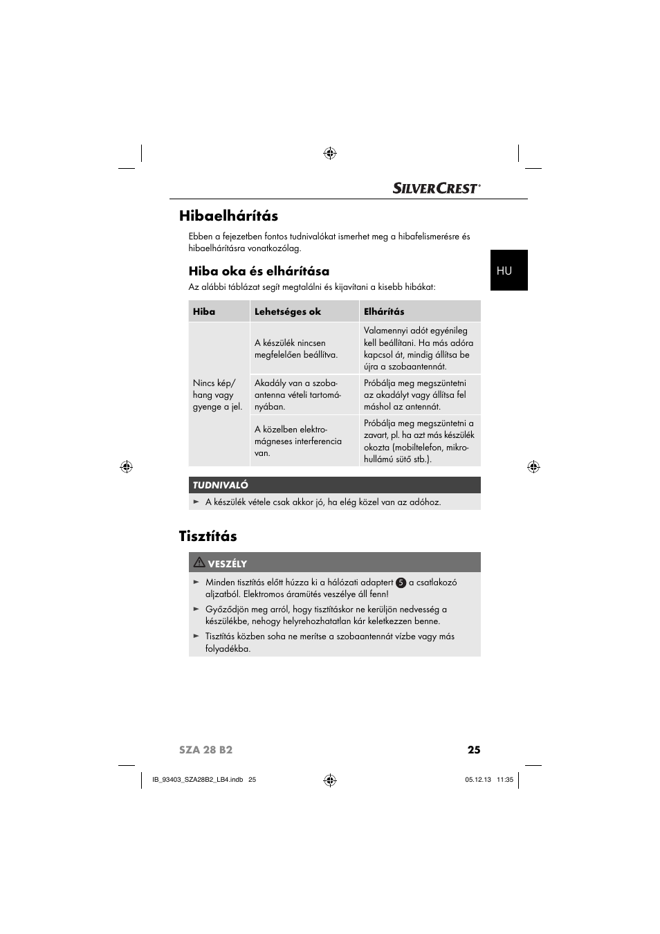 Hibaelhárítás, Tisztítás, Hiba oka és elhárítása | Silvercrest SZA 28 B2 User Manual | Page 28 / 88