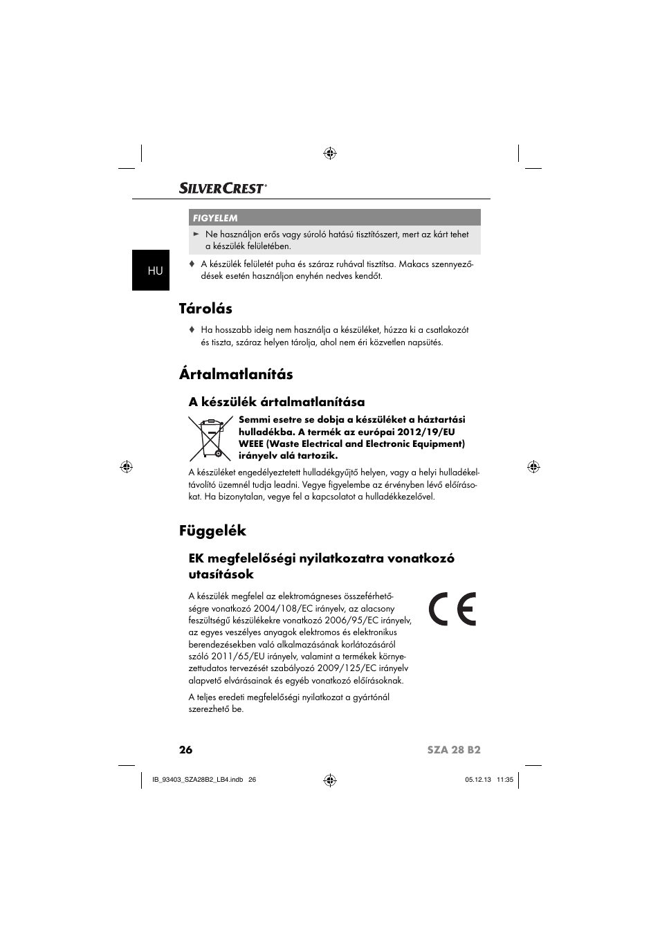 Tárolás, Ártalmatlanítás, Függelék | A készülék ártalmatlanítása | Silvercrest SZA 28 B2 User Manual | Page 29 / 88