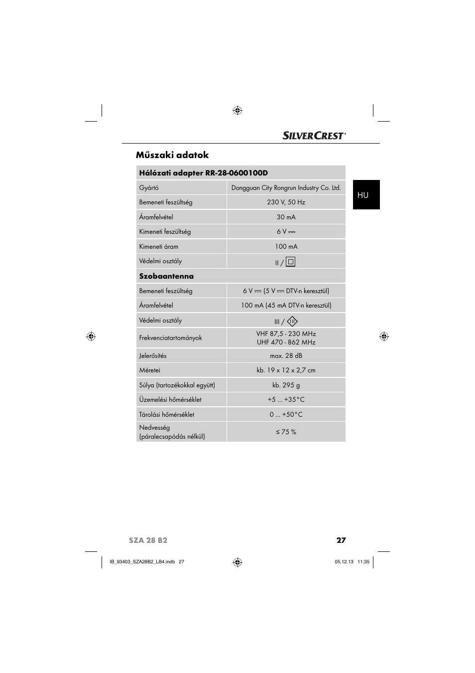 Műszaki adatok | Silvercrest SZA 28 B2 User Manual | Page 30 / 88