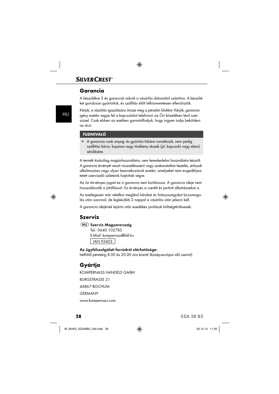 Garancia, Szerviz, Gyártja | Silvercrest SZA 28 B2 User Manual | Page 31 / 88