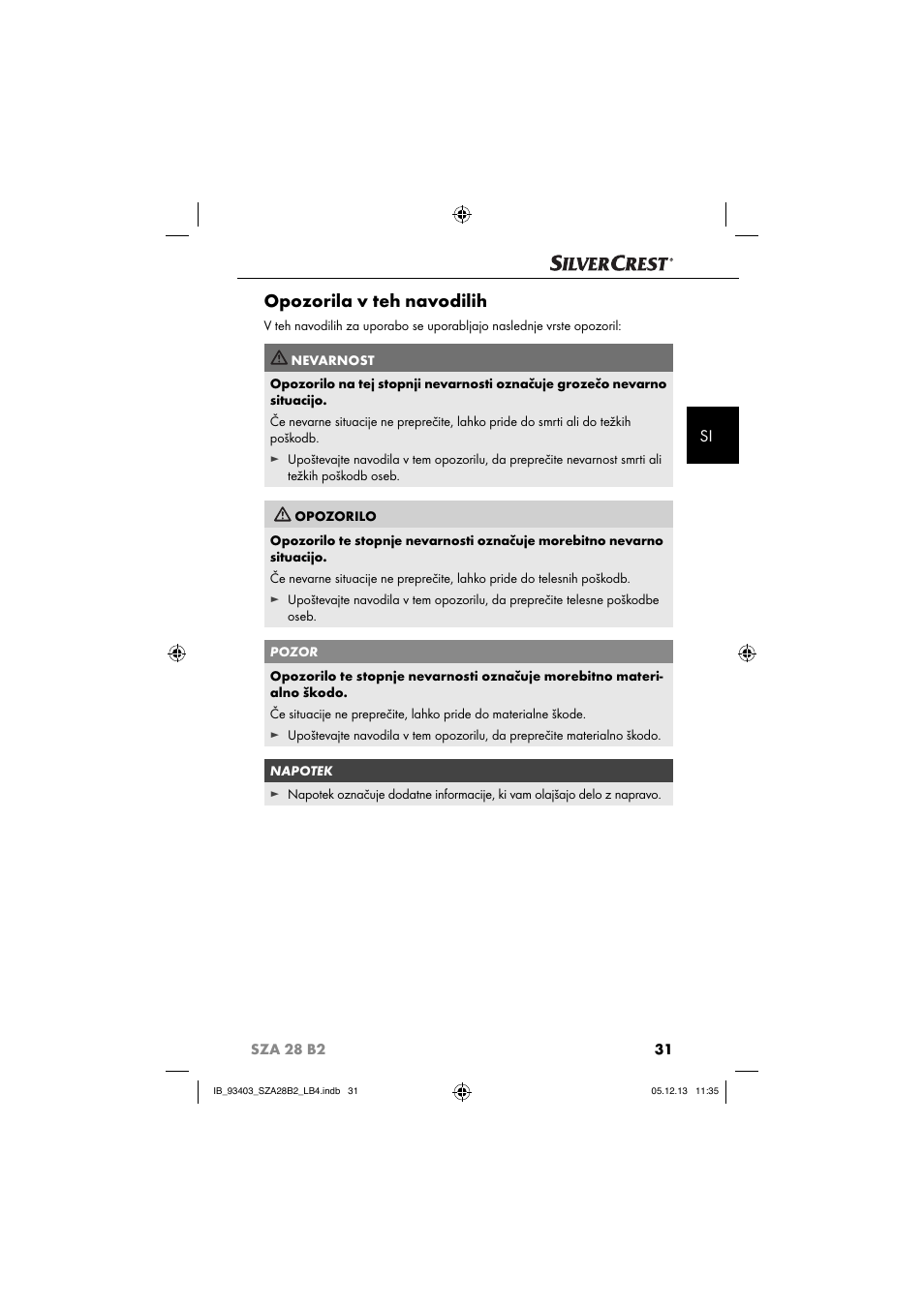 Opozorila v teh navodilih | Silvercrest SZA 28 B2 User Manual | Page 34 / 88