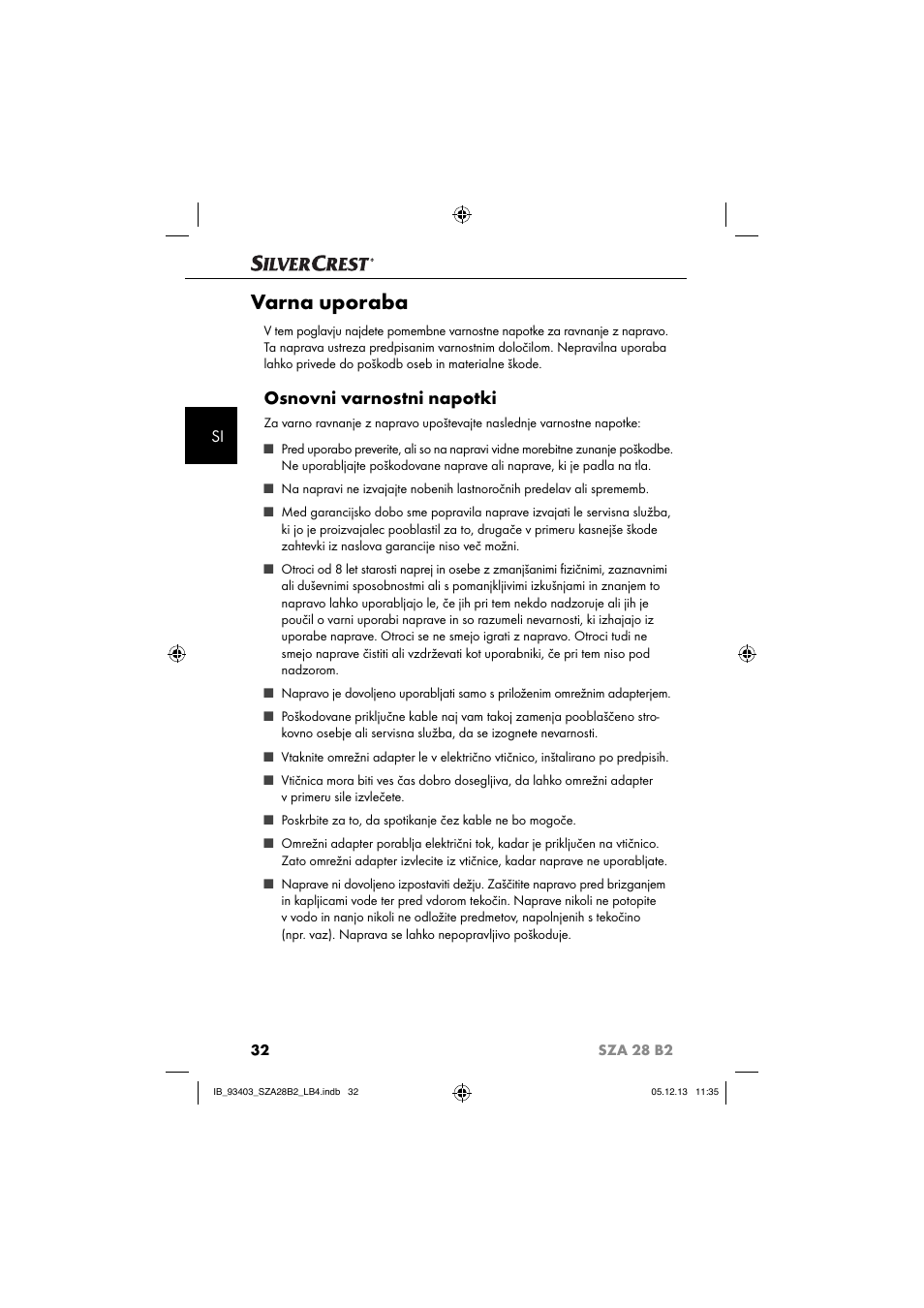 Varna uporaba, Osnovni varnostni napotki | Silvercrest SZA 28 B2 User Manual | Page 35 / 88