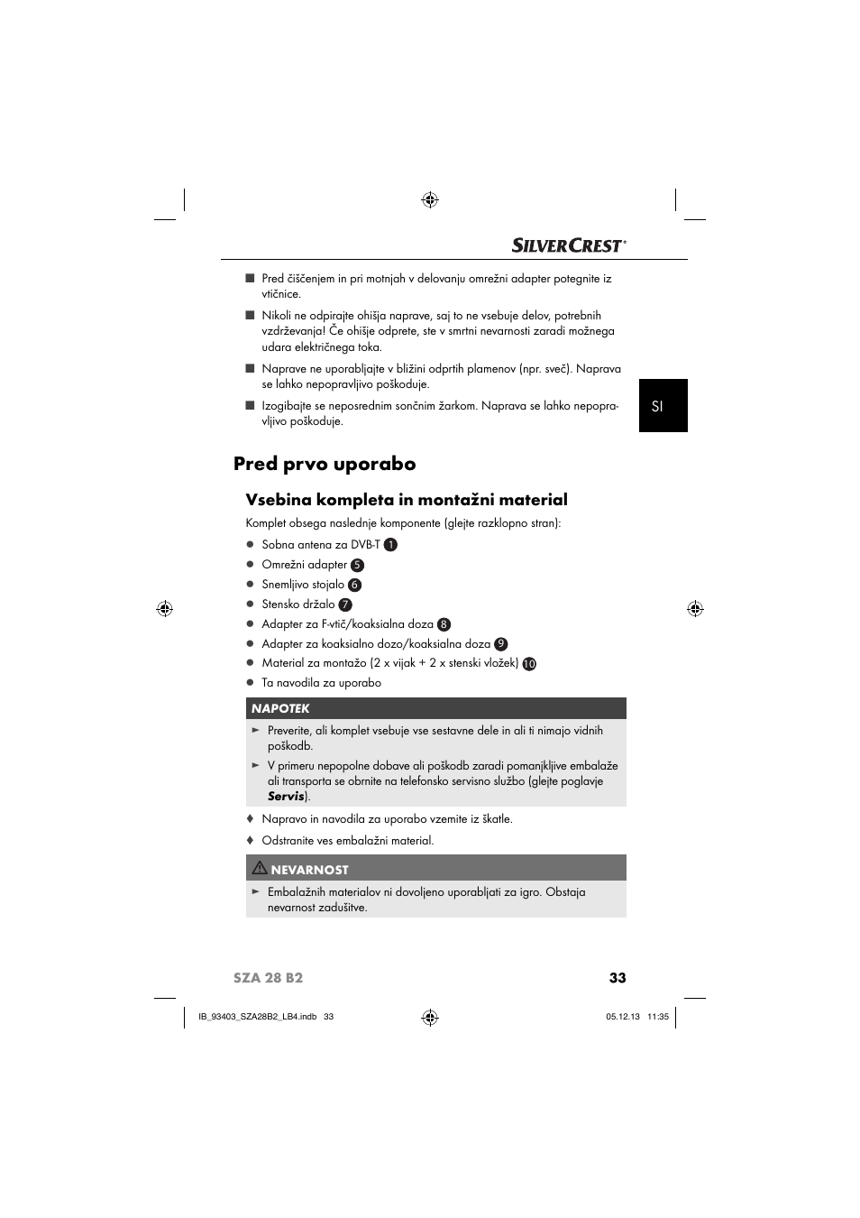 Pred prvo uporabo, Vsebina kompleta in montažni material | Silvercrest SZA 28 B2 User Manual | Page 36 / 88