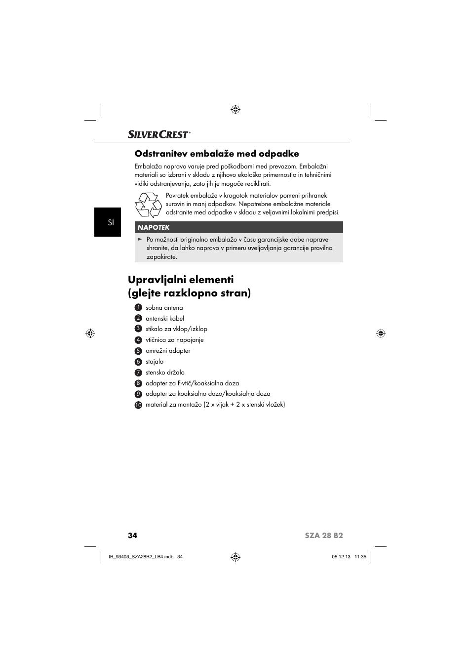 Upravljalni elementi (glejte razklopno stran), Odstranitev embalaže med odpadke | Silvercrest SZA 28 B2 User Manual | Page 37 / 88