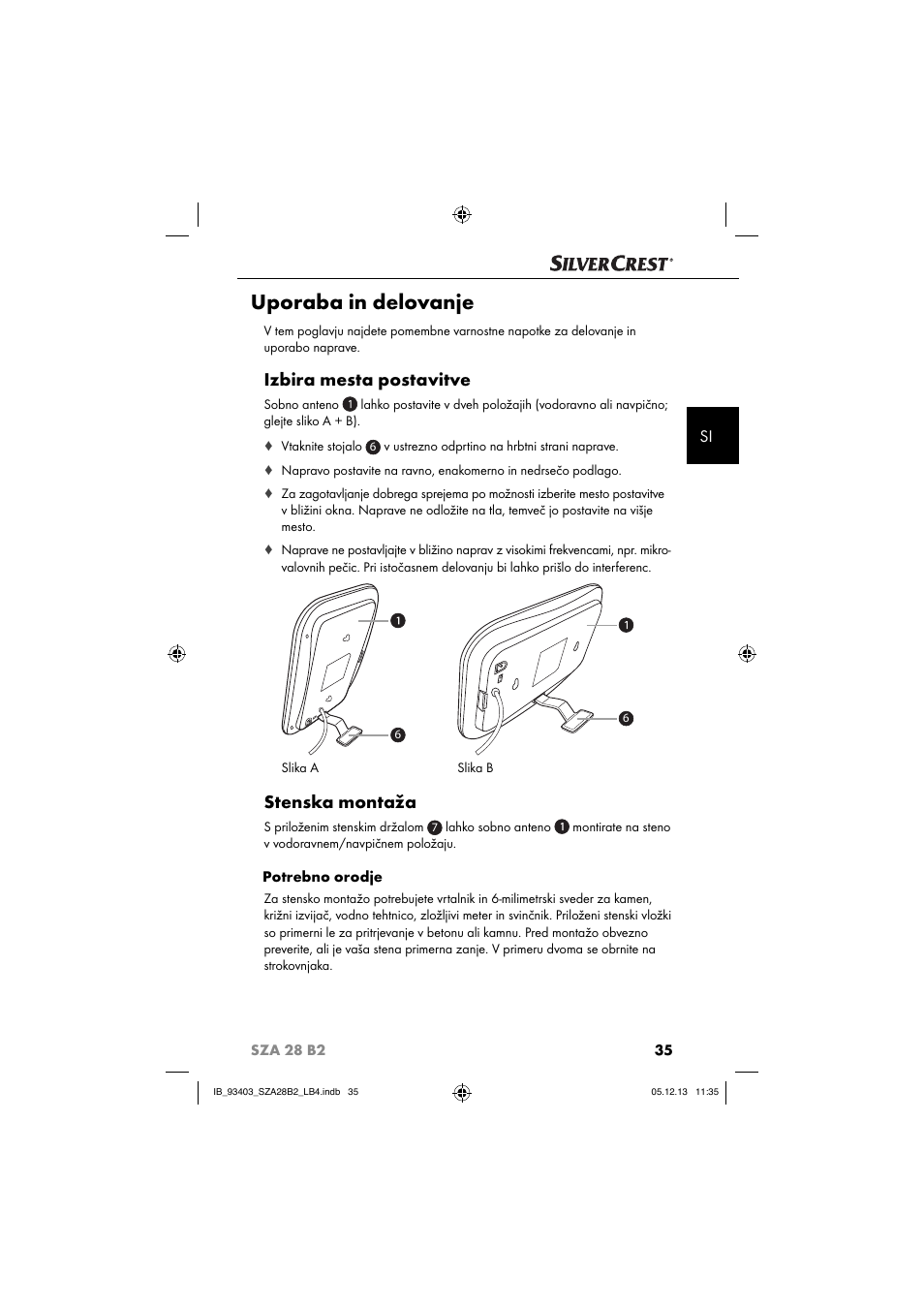 Uporaba in delovanje, Izbira mesta postavitve, Stenska montaža | Silvercrest SZA 28 B2 User Manual | Page 38 / 88