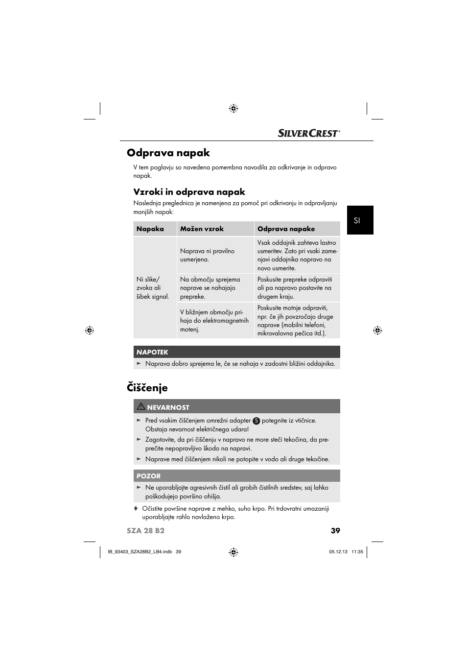 Odprava napak, Čiščenje, Vzroki in odprava napak | Silvercrest SZA 28 B2 User Manual | Page 42 / 88