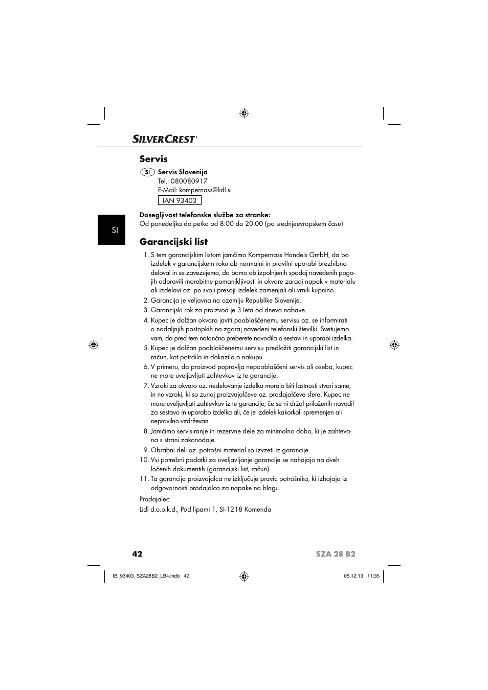 Servis, Garancijski list | Silvercrest SZA 28 B2 User Manual | Page 45 / 88